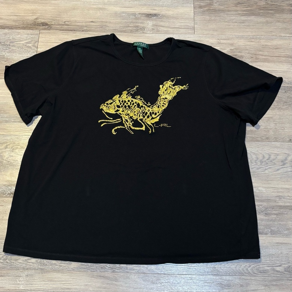 Lauren Ralph Lauren Asian sparkly gold embroidered koi fish cotton shirt Sz 3X
